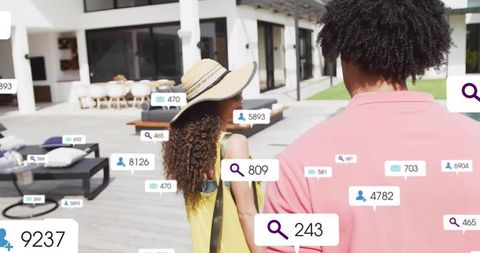 Couple walking on modern patio with social media notification overlays, summer lifestyle