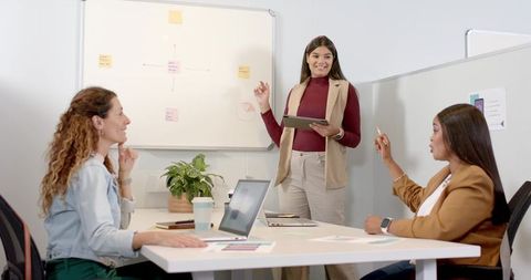 Diverse female coworkers collaborating in a modern meeting room