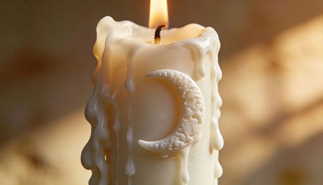 Ivory Candle Featuring Crescent Moon Motif Melting Wax Drips Flickering Warm Flame