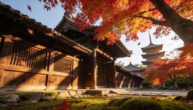 Autumn maple framing traditional japanese temple gate and pagoda over mossy stone pathway