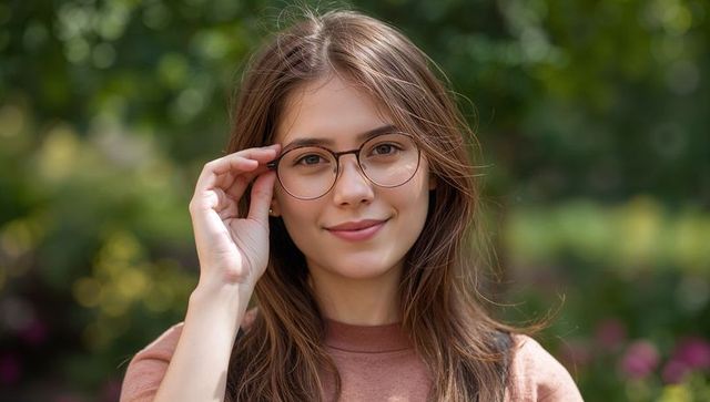 Young woman adjusting round glasses smiling while wearing rose-brown sweater in garden