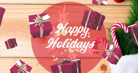 Festive Happy Holidays Message with Falling Gifts and Candy Canes