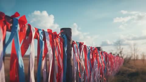 Colorful Ribbons Flutter in Rural Setting as Camera Reveals Fence Boundary