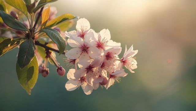 Backlit Pale Pink Cherry Blossom Close-up with Soft Bokeh and Warm Pastel Glow