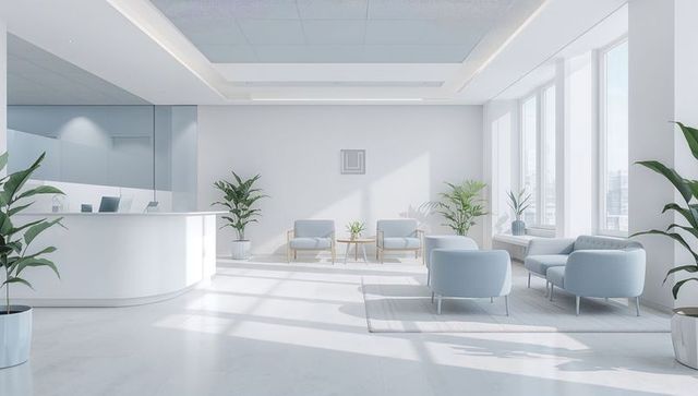 Bright minimal reception featuring pale blue seating, curved white desk and indoor plants