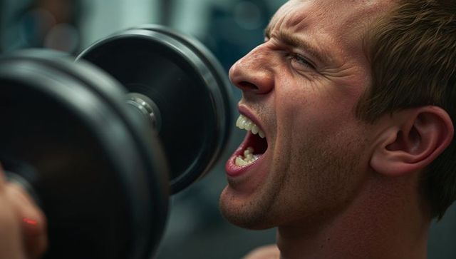 Male athlete grunting while lifting heavy dumbbell, closeup profile showing intense exertion