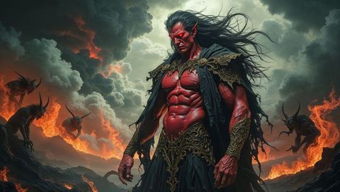 Satan overseeing volcanic realm with immense power