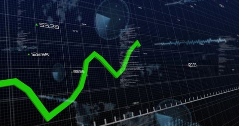Upward trending green line on digital financial dashboard