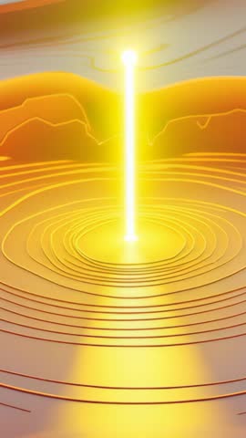 Narrow golden beam rising over concentric terraces, illuminating ripples in vertical abstract loop