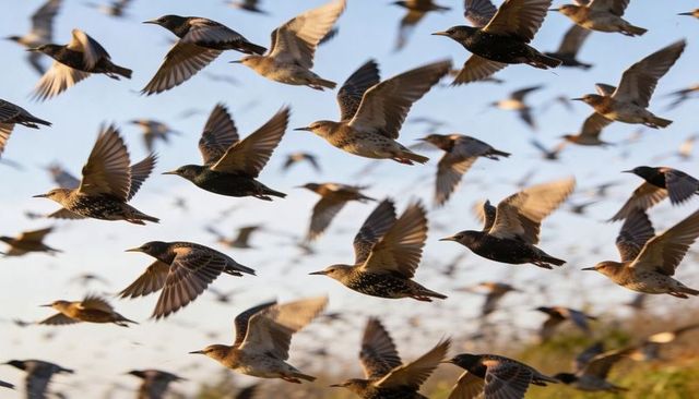 Backlit starling flock filling sky in golden dawn flight over coastal marsh