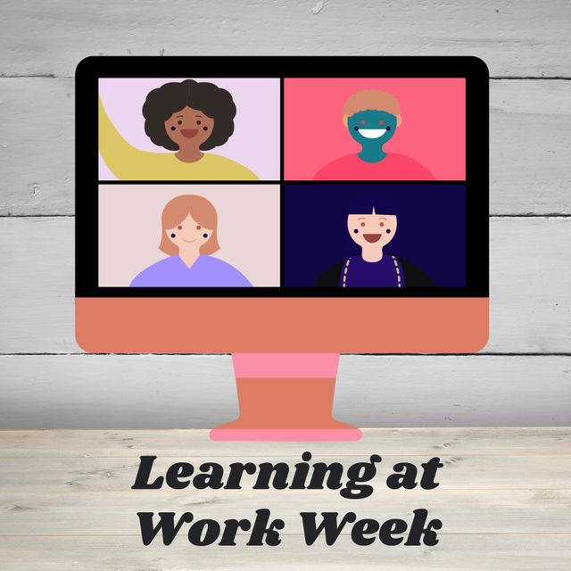 An illustration showing a computer screen with diverse individuals participating in a virtual meeting. Below, text announces 'Learning at Work Week,' highlighting a campaign focused on professional development and teamwork. Useful for promoting events, workshops, and initiatives related to workplace learning and creating group activities in online settings.