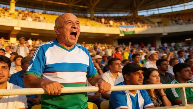 Bald senior fan shouting and leaning on railing during packed stadium match