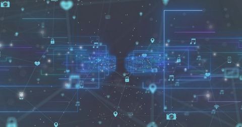 Glowing Data Streams Connecting Virtual Networks with Icons, Pins and Padlocks, Network Security