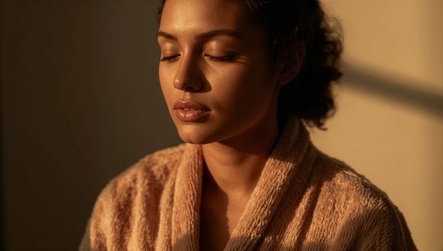 Sunlit serenity: woman basking with eyes closed in beige robe during golden hour