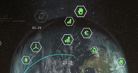 Network of Eco Symbols over Earth Indicating Technology and Environment