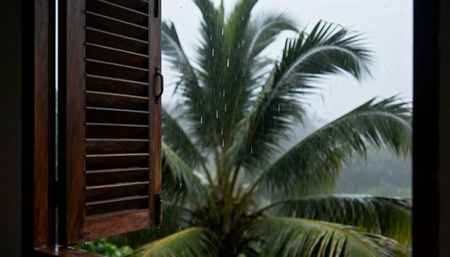 Open wooden louvered shutter framing rain-drenched coconut palm, raindrops sliding on sill