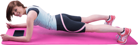 Smiling Woman Performing Plank Exercise on Pink Mat Transparent