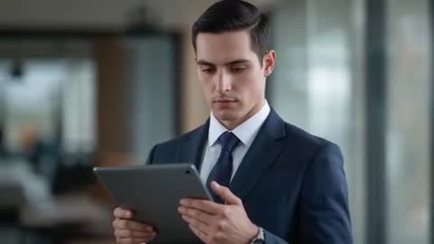 Executive in suit reviewing tablet and checking watch in modern office corridor