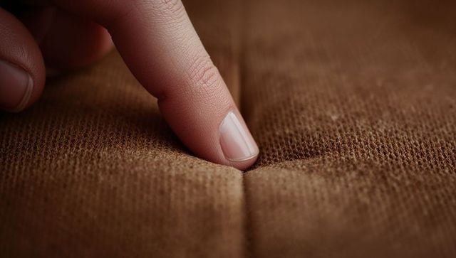 Fingertip pressing tufted brown sofa fabric revealing nail and soft upholstery texture
