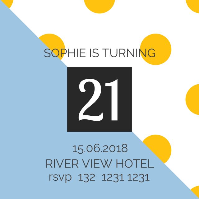 This vibrant 21st birthday invitation template features a modern geometric design with bold polka dots in yellow, white, and blue. Ideal for celebrating a milestone birthday in style, the template can be used for creating eye-catching invitations for a birthday party. Customize with personal details for a unique invitation suitable for print and digital use.