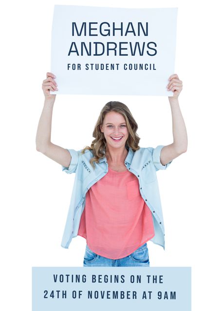 A cheerful young woman holds up a sign promoting student council elections. She wears casual clothes, including a denim shirt and a pink top, exuding enthusiasm and positivity. This image is ideal for use in campaign promotions, educational announcements, student engagement materials, and political awareness projects.
