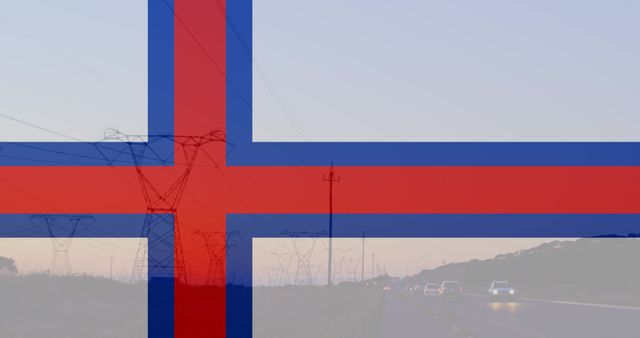 Faroe Islands Flag Overlay on Pylons at Dusk - Download Free Stock Images Pikwizard.com