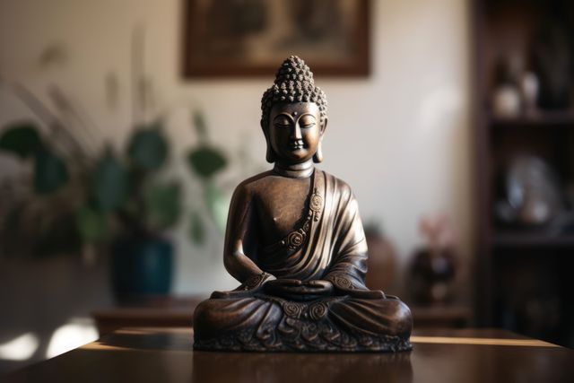 Captures an antique Buddha statue seated in a tranquil meditation pose, creating a serene atmosphere in a cozy room with soft lighting. Suitable for use in promoting spiritual or meditation products, home decor, wellness blog visuals, or relaxation-related content.