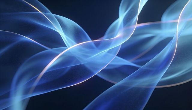 Luminescent blue ribbons flowing across dark background with neon pink edges