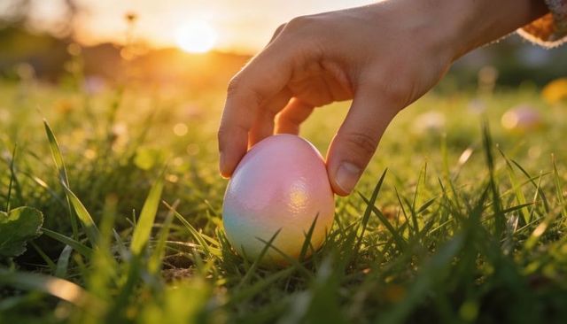 Adult hand placing pastel iridescent easter egg in sunlit grass at golden hour backlit