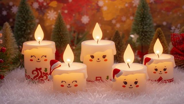 Glowing smiling pillar candles wearing santa hats casting warm holiday mantel light