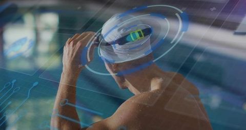 Swimmer with Goggles and Digital Overlay in Modern Aquatic Setting