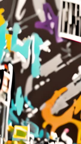 Vertical video panning across vibrant graffiti wall revealing turquoise drips and abstract art