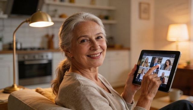 Smiling senior woman holding tablet during warm family video call in cozy living room
