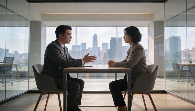 Executives discussing across table in glass-walled office with city skyline view