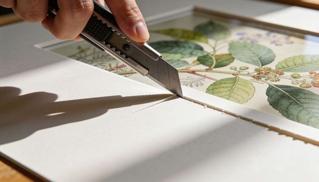 Hand guiding utility knife to cut mat board around botanical print in warm sunlight