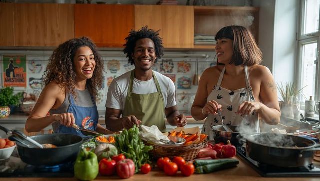 Friends chopping and cooking together on wooden counter with fresh produce