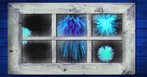 Window View of Blue Fireworks in Night Sky
