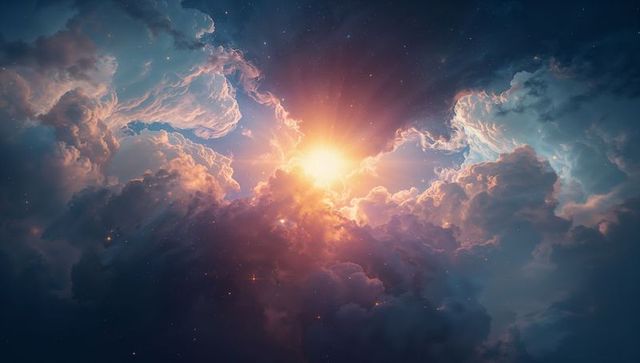 Radiant Sunburst Illuminating Towering Cumulus Cloudscape with Cosmic Nebula Glow