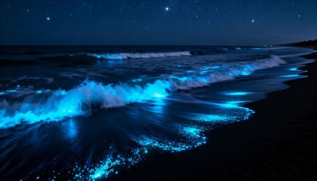 Bioluminescent blue waves lapping dark shore under starry night sky with glowing foam