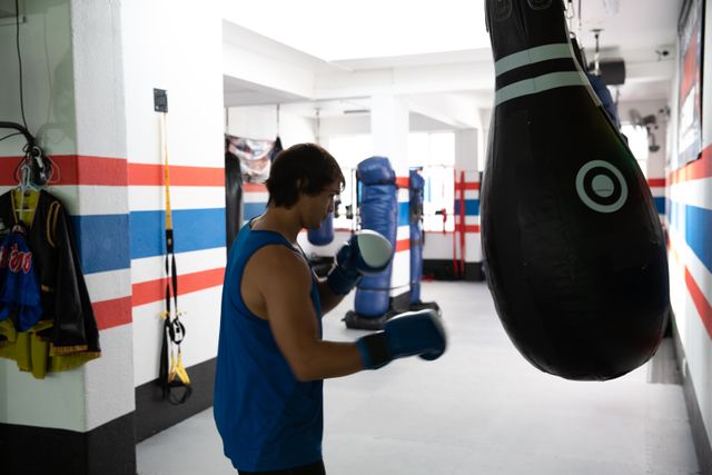 Rear view of a young biracial male boxer with short dark hair, wearing blue tank top, exercising in a boxing gym, punching a punchbag.