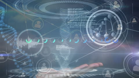 Futuristic DNA Hologram and Communication Network Visualization