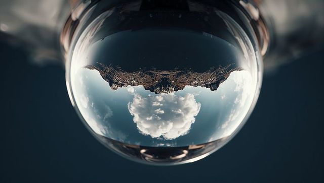 Crystal sphere reflection of cloud and mountain peaks