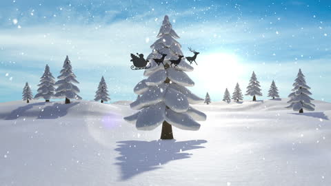 Santa's Sleigh Silhouette Over Snowy Winter Wonderland