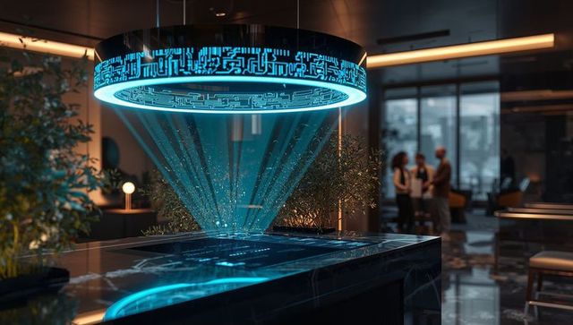 Futuristic hologram technology in modern office lounge setting