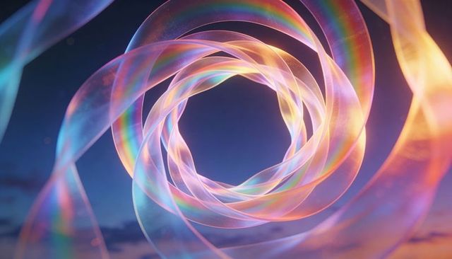 Iridescent ribbon vortex twisting over dusk sky with pastel refractions