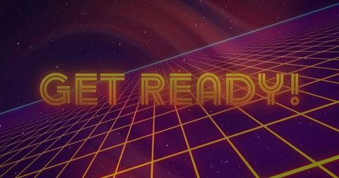 Retro Futuristic Neon Text Floating Above Grid
