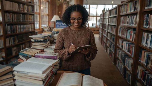 Smiling Black woman studying using tablet with stylus in sunlit library surrounded by books