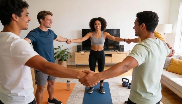 Home fitness circle holding hands, female trainer leading group on yoga mats