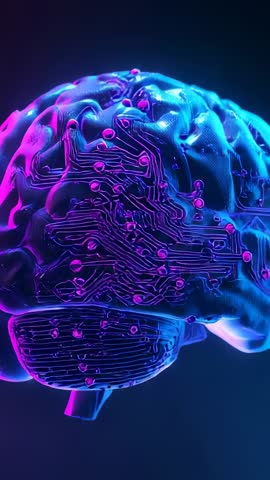 Rotating neon brain revealing circuit tracings and glowing nodes for AI and cyber visuals