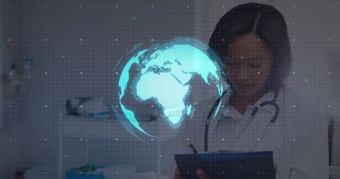 Asian physician analyzing holographic globe for innovative diagnostics